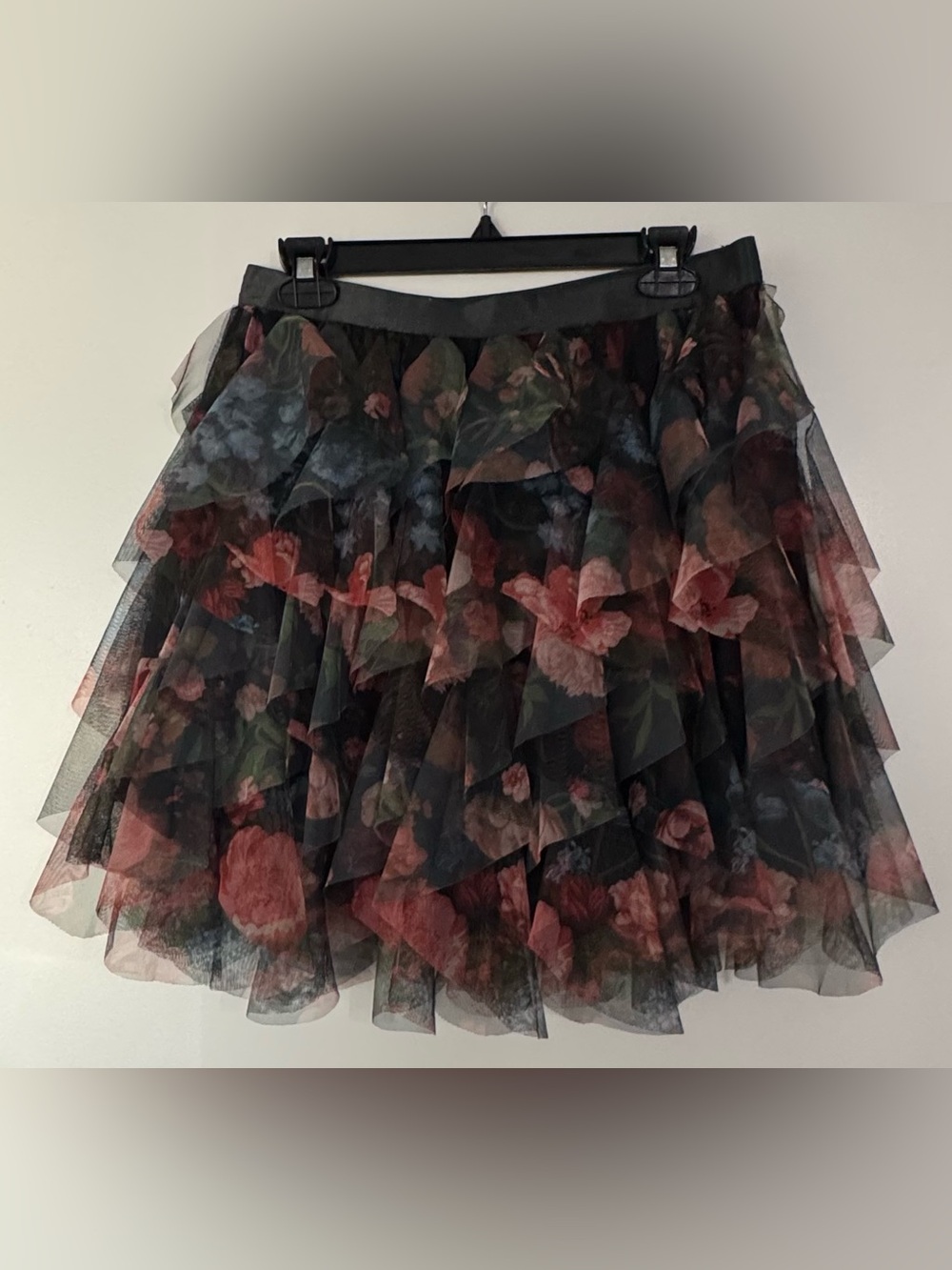 Anthropologie Chéri Ruffled Tulle Mini Skirt NWOT Black Floral -  Size Medium